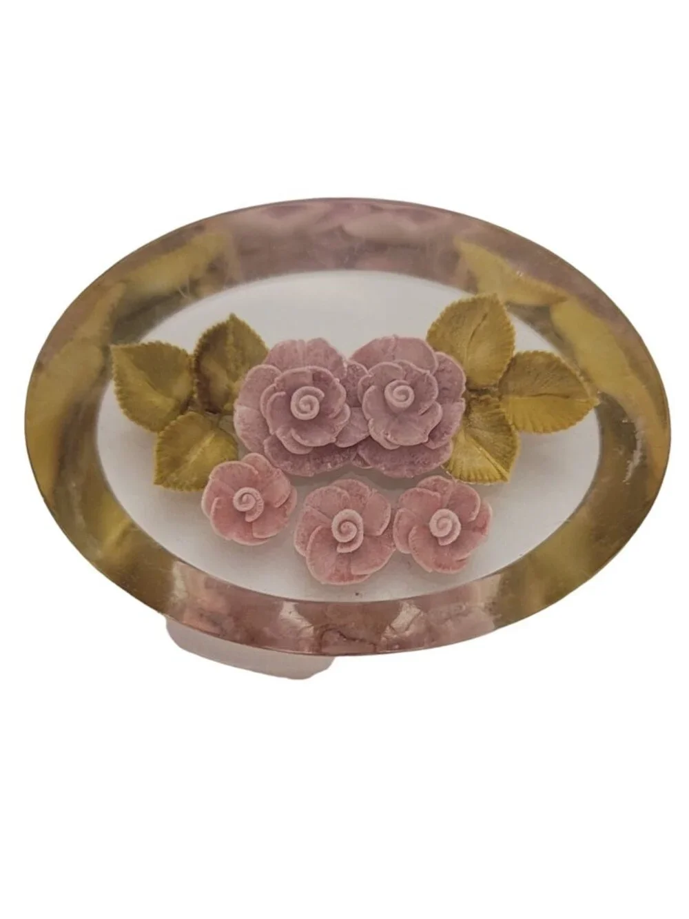 Vintage Clear Lucite Resin Reversed Carved Pink Rose Flower Oval Brooch Pin E269